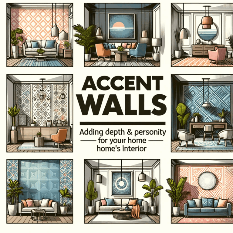 DALL·E 2023 11 01 09.18.59 Illustration of a diverse set of room interiors showcasing various accent walls in different patterns and colors. From geometric designs to simple col
