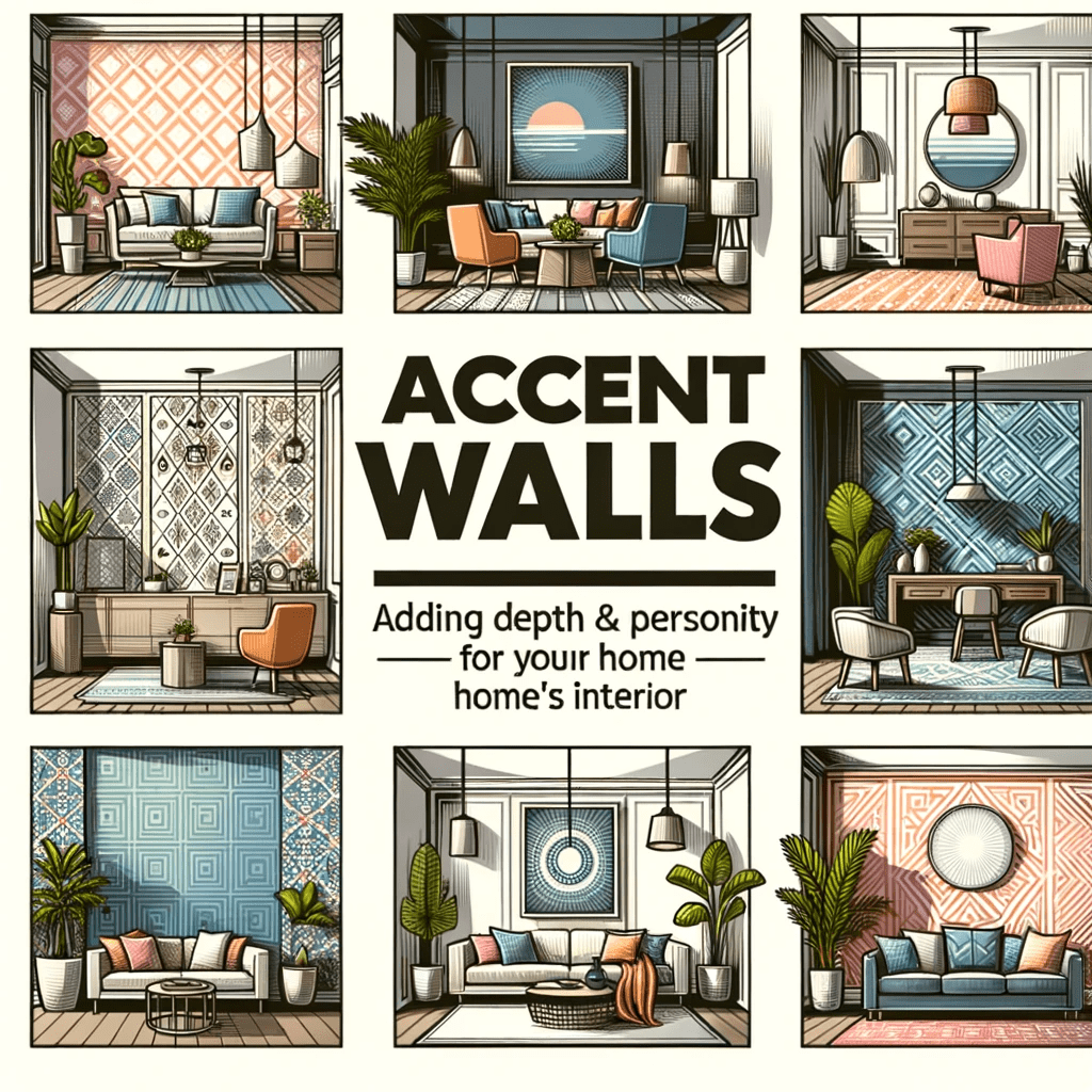 DALL·E 2023 11 01 09.18.59 Illustration of a diverse set of room interiors showcasing various accent walls in different patterns and colors. From geometric designs to simple col